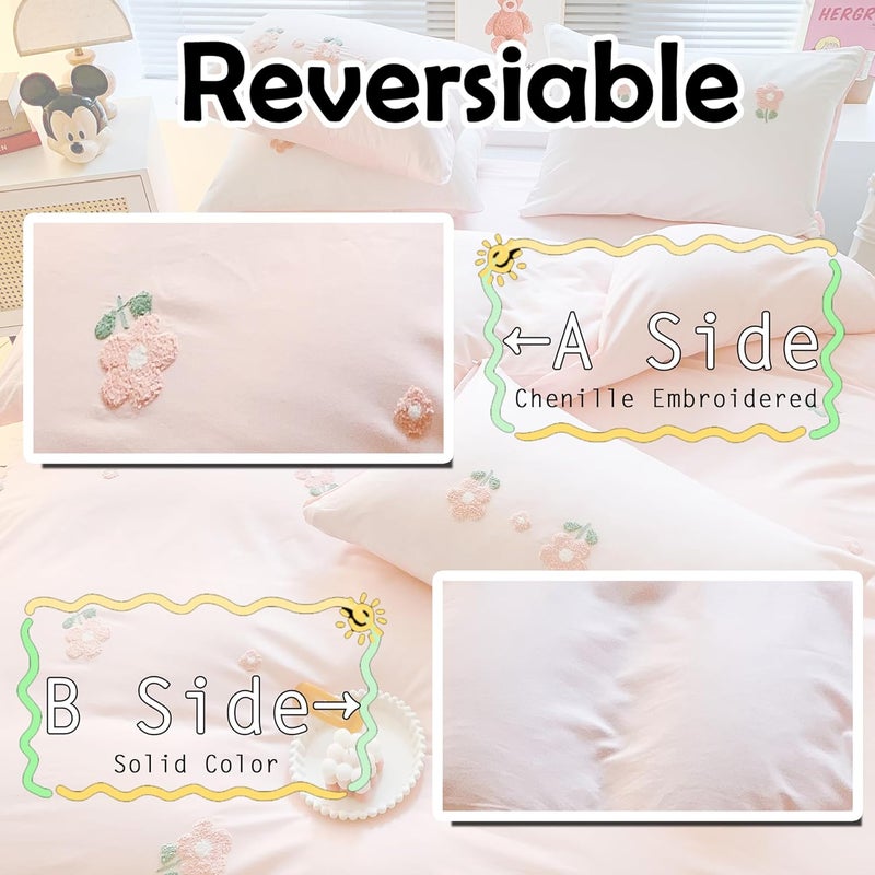 MorroMorn Twin Duvet Cover Cotton, 3D Embroidery Twin Bedding Sets Pink Bed Set, Fluffy Chenille Embroidered Comforter Covers Soft Sweat-Absorbing for Girls Kids Teen (Flowers Pink, Twin/Twin XL) - Image 5